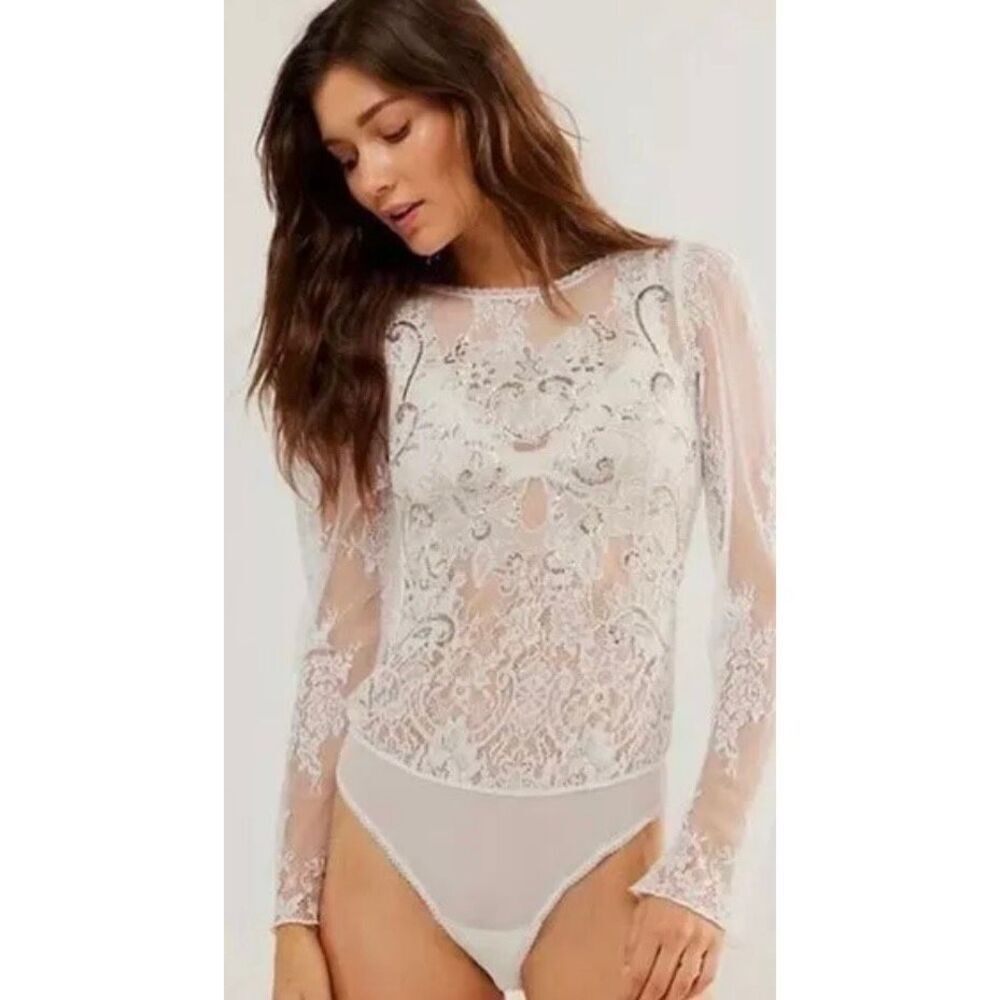 NWT $168 FREE PEOPLE Ready To Party Bodysuit White Embellished Lace Mesh Sheer S